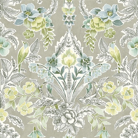 2903-25862 Vera Light Green Floral Damask Wallpaper Blue Bell By A Street Prints