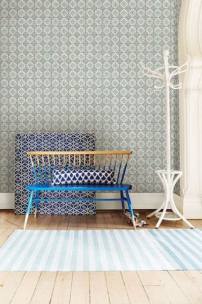 1014-001854 Turquoise Geo Quatrefoil Wallpaper By Brewster