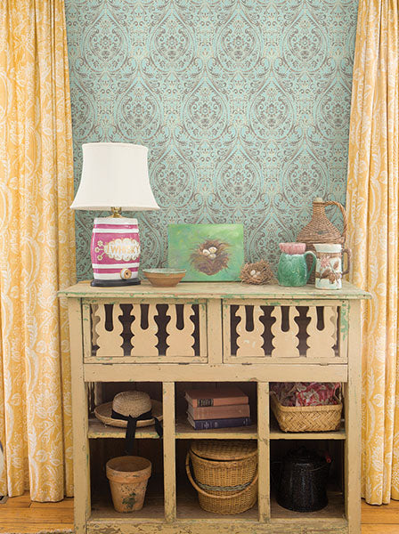 1014-001866 Turquoise Gypsy Damask Wallpaper By Brewster
