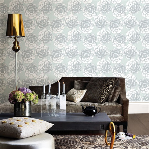 2763-24240 Fanciful Silver Floral Wallpaper By Brewster