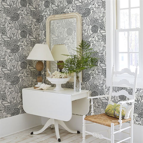 2903-25853 Alannah Black Botanical Wallpaper Blue Bell By A Street Prints