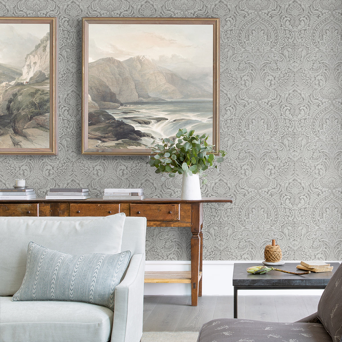 Artemis Silver Floral Damask Wallpaper
