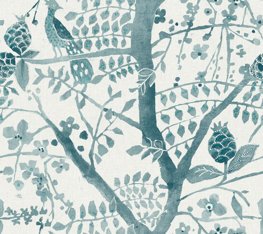 Teal Peacock Block Print Wallpaper