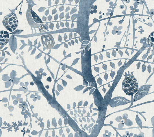 Blue Peacock Block Print Wallpaper