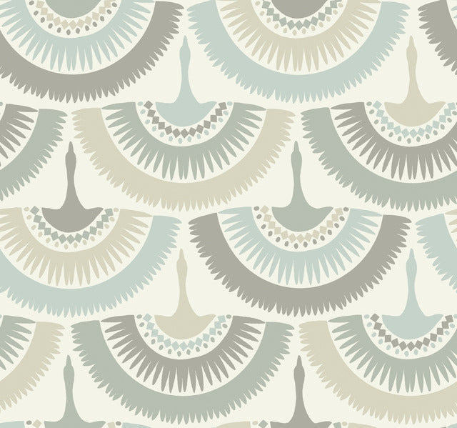Cream/Blue Feather and Fringe Wallpaper