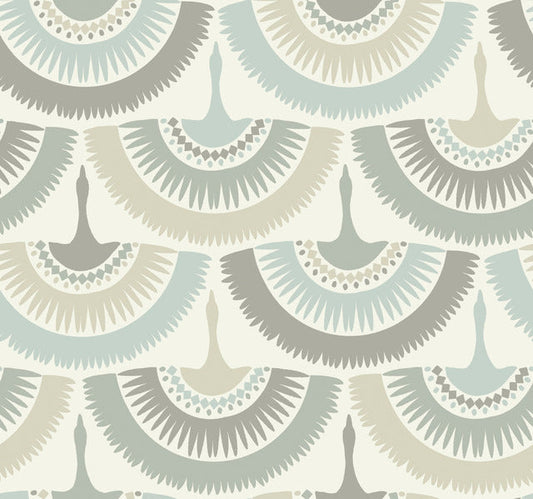 Cream/Blue Feather and Fringe Wallpaper