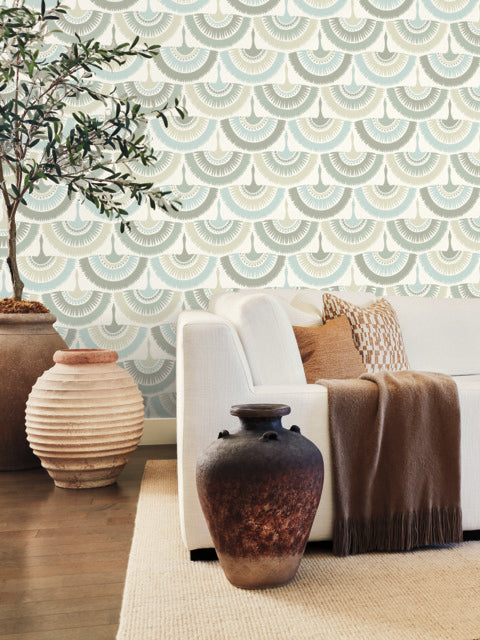 Cream/Blue Feather and Fringe Wallpaper
