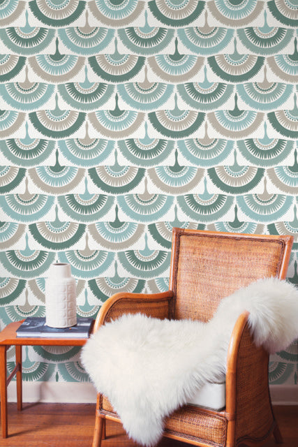 Green Feather and Fringe Wallpaper
