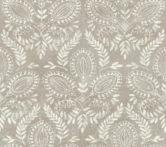 Brown Laurel Damask Wallpaper