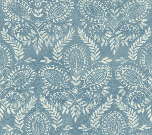 Blue Laurel Damask Wallpaper