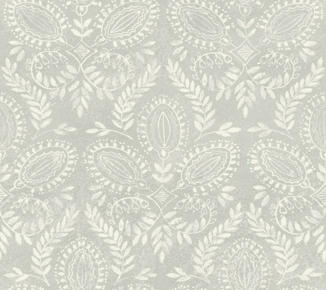 Gray Laurel Damask Wallpaper