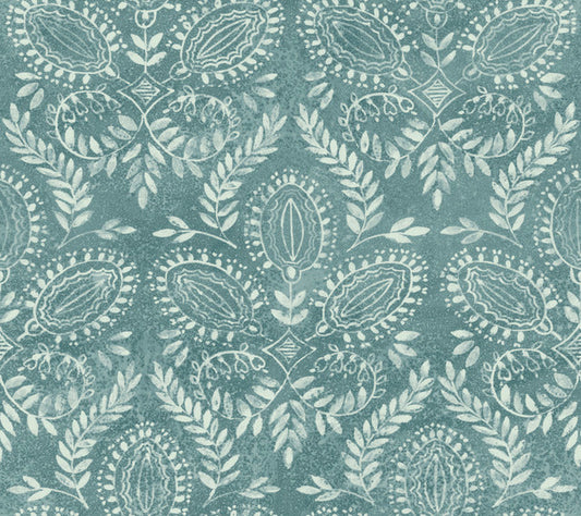 Teal Laurel Damask Wallpaper