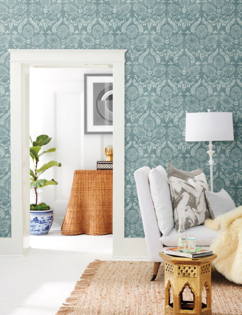 Teal Laurel Damask Wallpaper