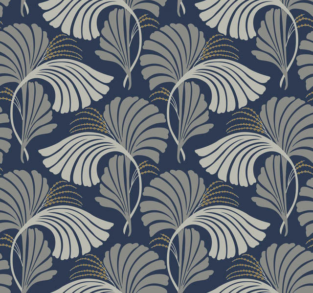 Navy Dancing Leaves Wallpaper
