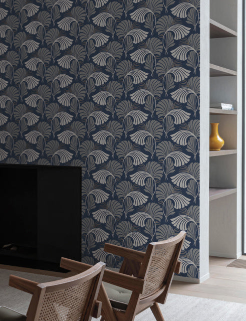 Navy Dancing Leaves Wallpaper