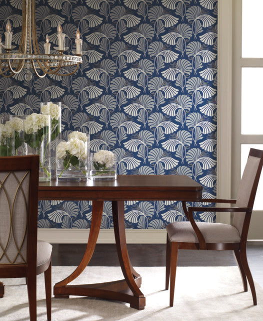 Navy Dancing Leaves Wallpaper