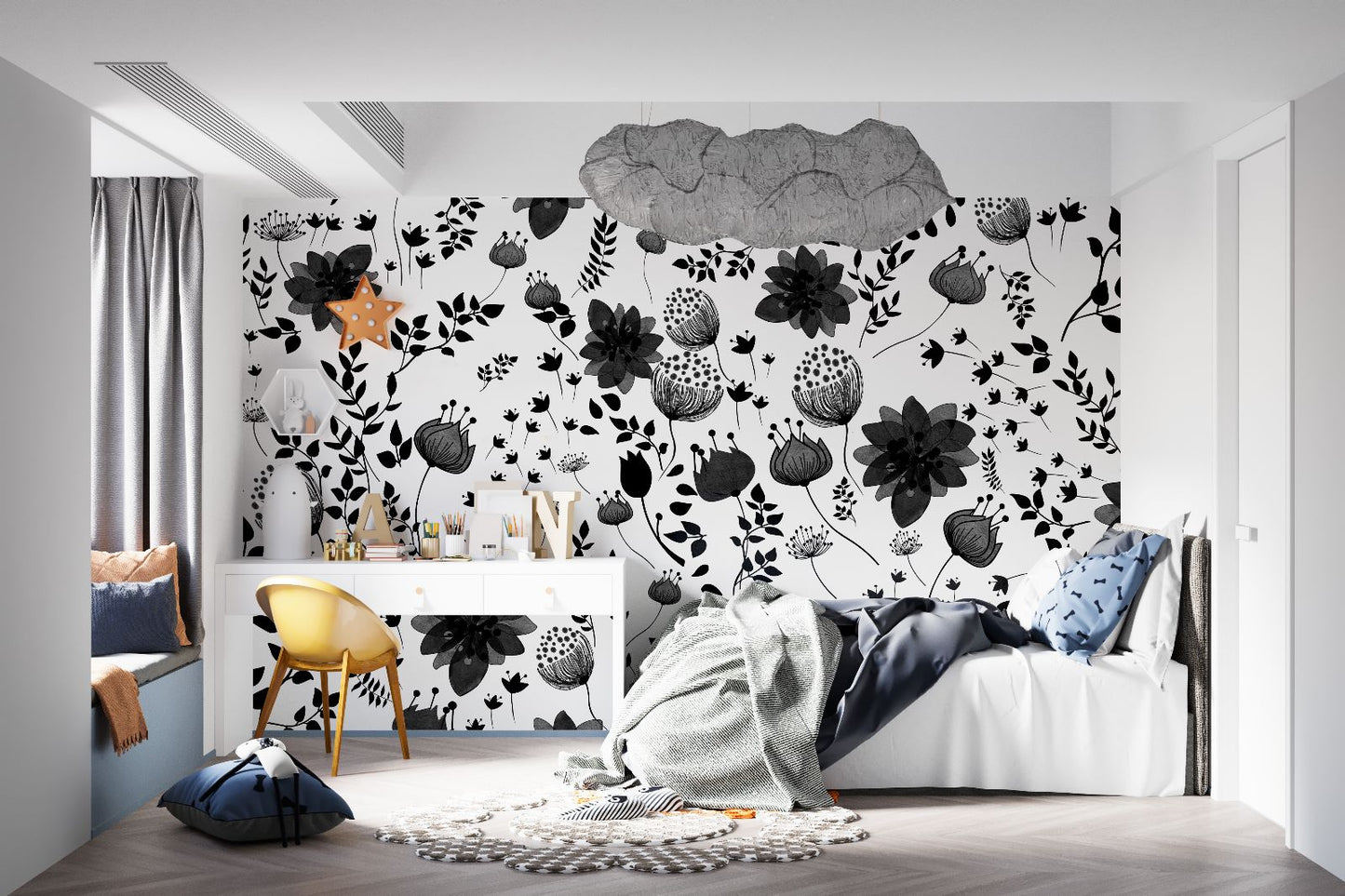 Su Yeon Black and White Floral wallpaper Mural