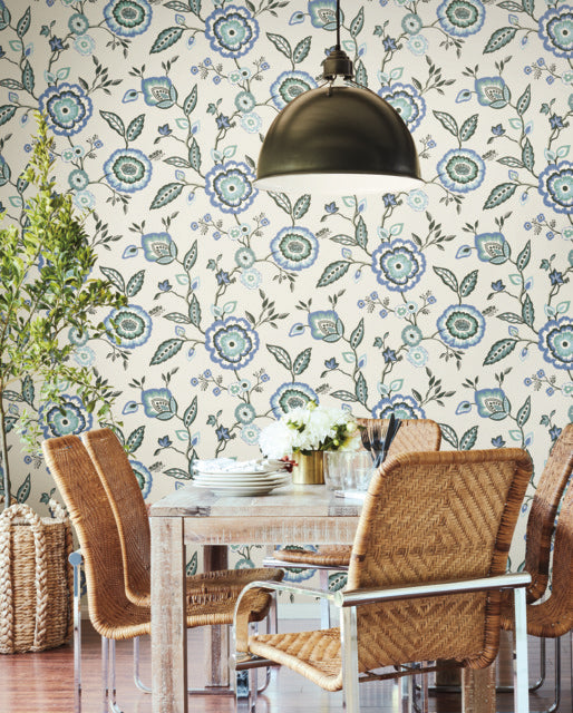 Blue/White/OffWhite Dahlia Blooms Dove/Cornflower Wallpaper