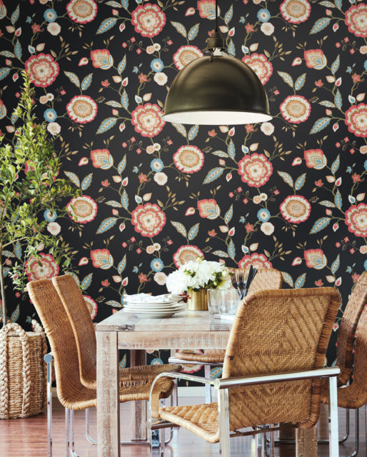 Black/Pink Dahlia Blooms Midnight/Multi Wallpaper