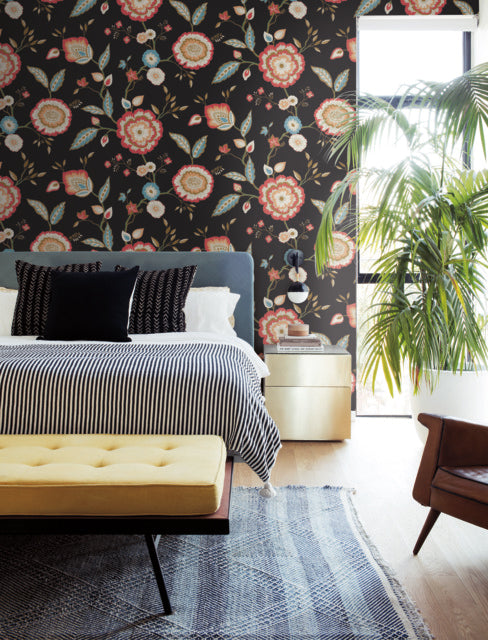 Black/Pink Dahlia Blooms Midnight/Multi Wallpaper
