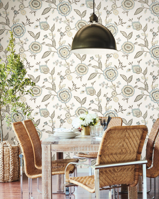 White/OffWhite/Blue Dahlia Blooms Cotton/Sky Wallpaper