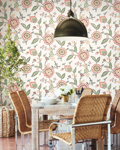 White/OffWhite/Pink Dahlia Blooms Cotton/Coral Wallpaper