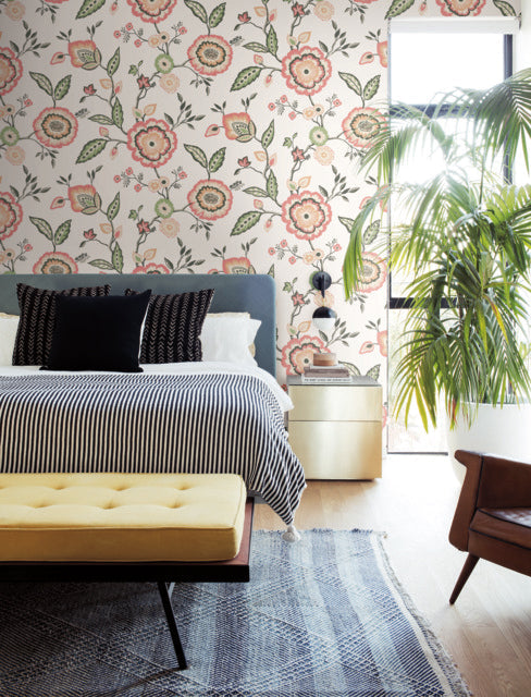 White/OffWhite/Pink Dahlia Blooms Cotton/Coral Wallpaper