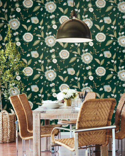 Green/Blue Dahlia Blooms Forest/Seafoam Wallpaper