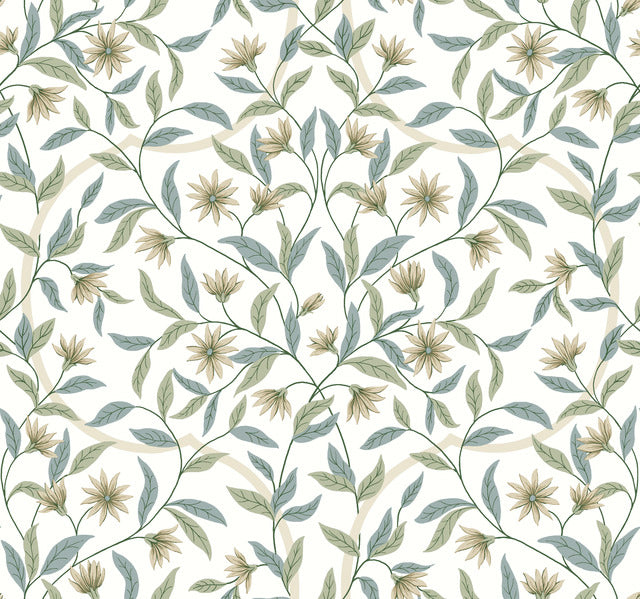 Green/Beige Jasmine Eucalyptus Wallpaper