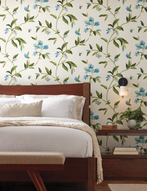 Blue/Green Springtime Cotton/Peacock Wallpaper