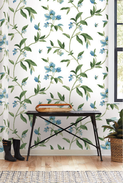 Blue/Green Springtime Cotton/Peacock Wallpaper
