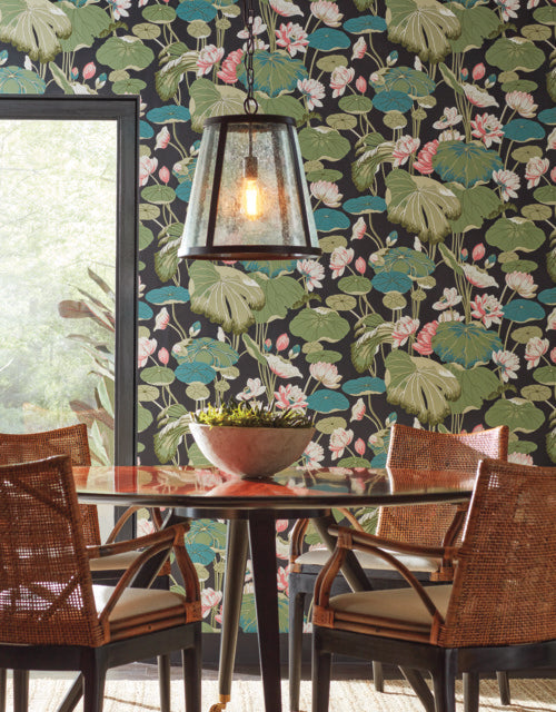 Green/Pink Lotus Pond Cotton/Peacock Wallpaper