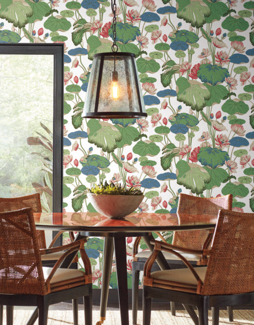 Green/Pink Lotus Pond Cotton/Peacock Wallpaper