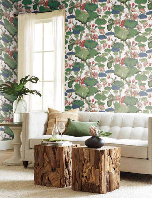 Green/Pink Lotus Pond Cotton/Peacock Wallpaper