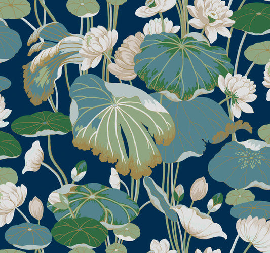 Navy/Metallic Lotus Pond Indigo/Gold Wallpaper