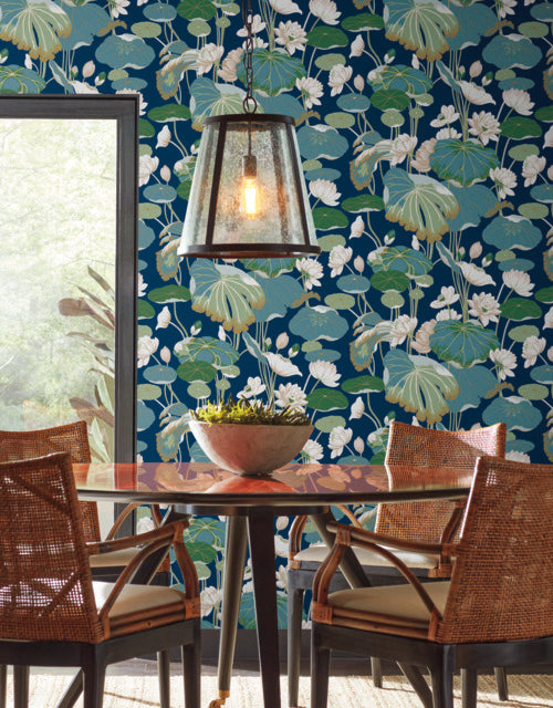 Navy/Metallic Lotus Pond Indigo/Gold Wallpaper