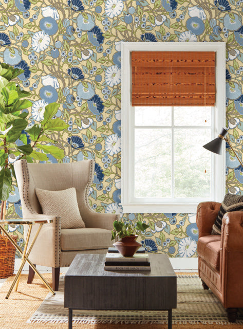 Yellow/Blue Vincent Poppies Sunflower Wallpaper