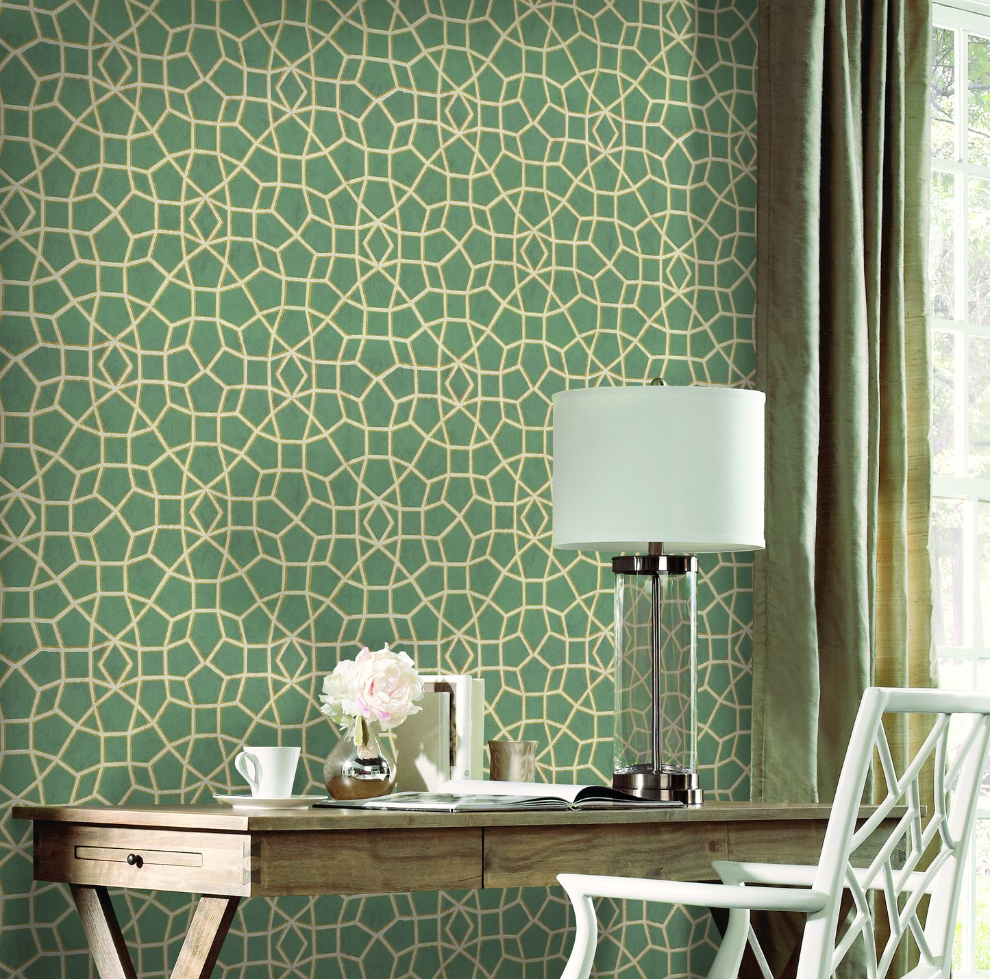 Sculptural Web Wallpaper Dark Green Gold