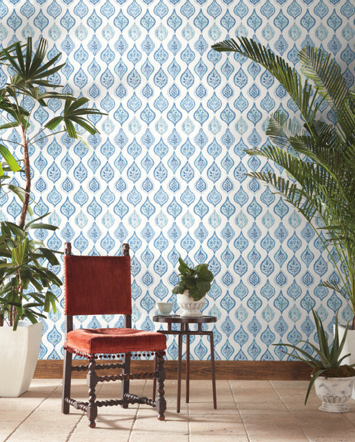 White/Blue Marketplace Motif Wallpaper