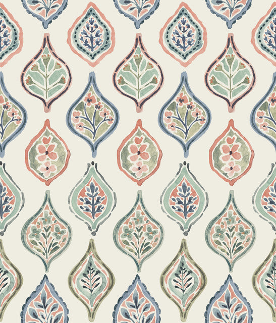 Off White/Green/Pink Marketplace Motif Wallpaper