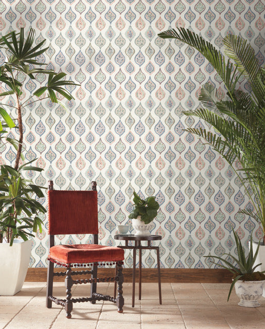 Off White/Green/Pink Marketplace Motif Wallpaper