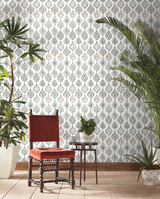 White/Neutral/Beige Marketplace Motif Wallpaper