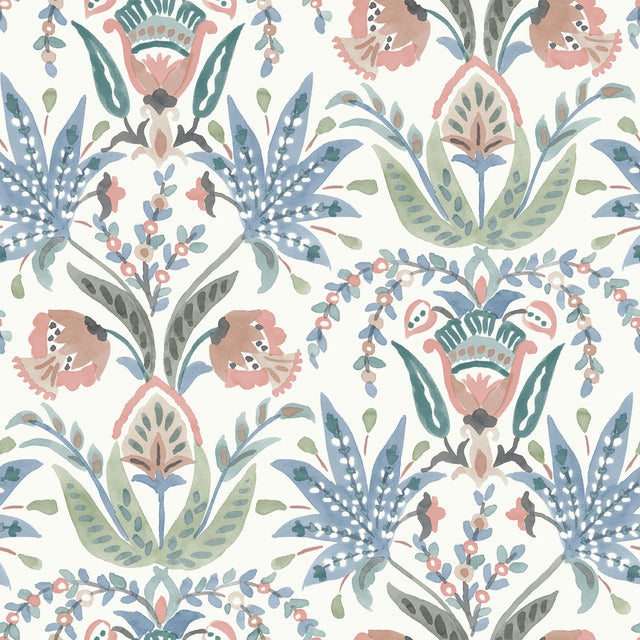 White/Pink/Blue Seaside Jacobean Wallpaper