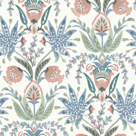 White/Pink/Blue Seaside Jacobean Wallpaper