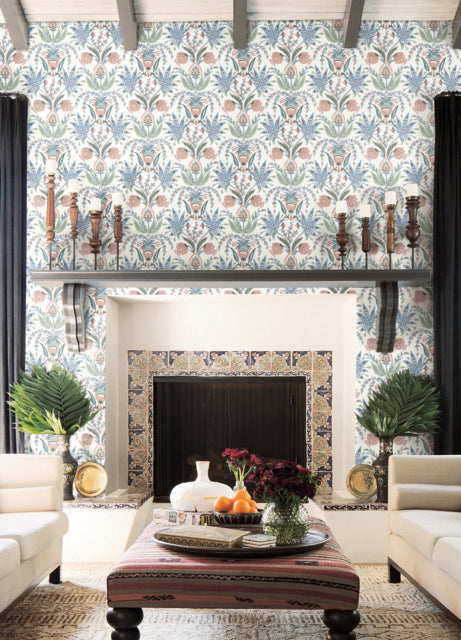 White/Pink/Blue Seaside Jacobean Wallpaper