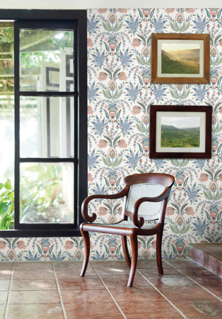 White/Pink/Blue Seaside Jacobean Wallpaper