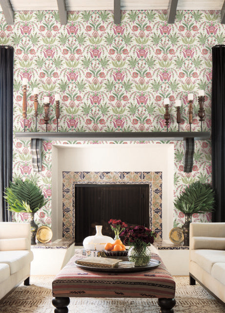 Beige/Green/Red Seaside Jacobean Wallpaper