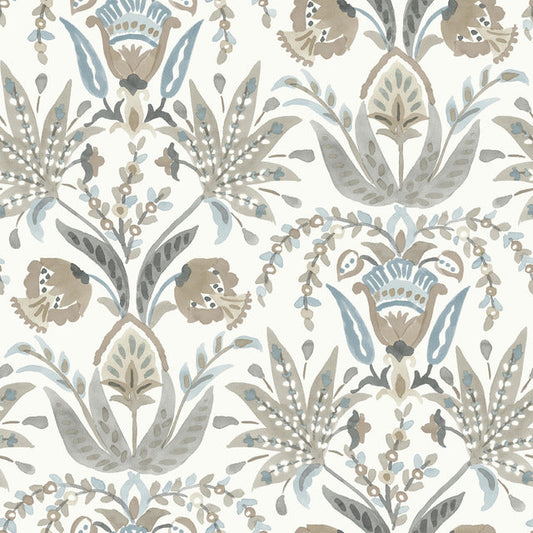 White/Taupe/Blue Seaside Jacobean Wallpaper