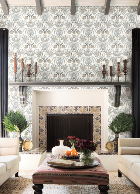 White/Taupe/Blue Seaside Jacobean Wallpaper