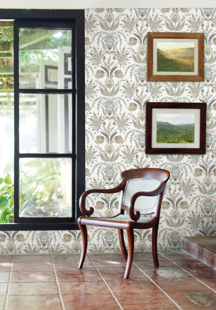 White/Taupe/Blue Seaside Jacobean Wallpaper